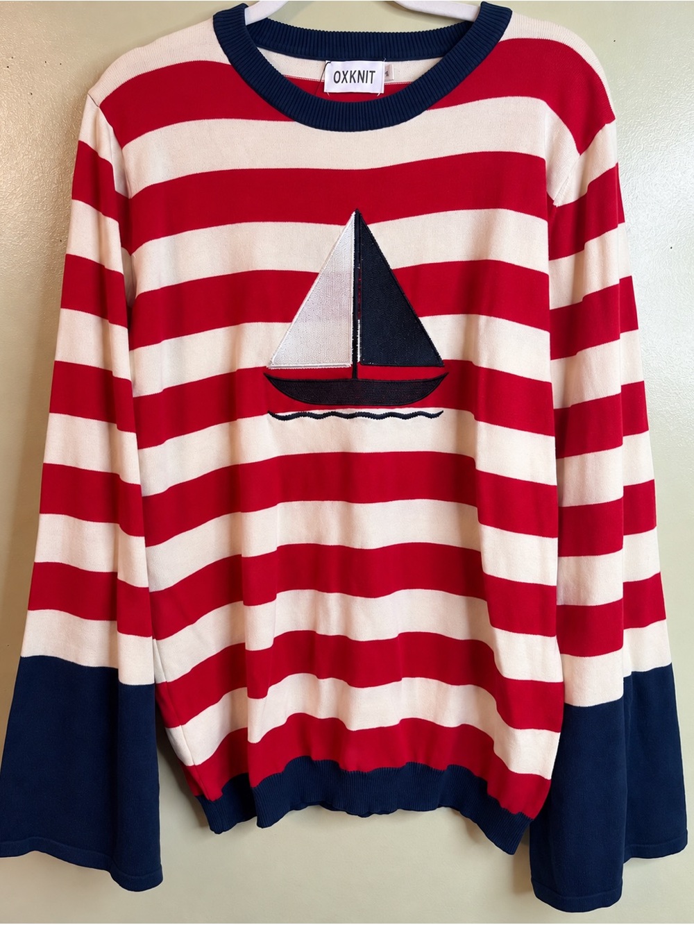 NWOT OXKNIT Red White Striped Sweater Sailboat  Navy Bell Cuff Knit Crewneck XL